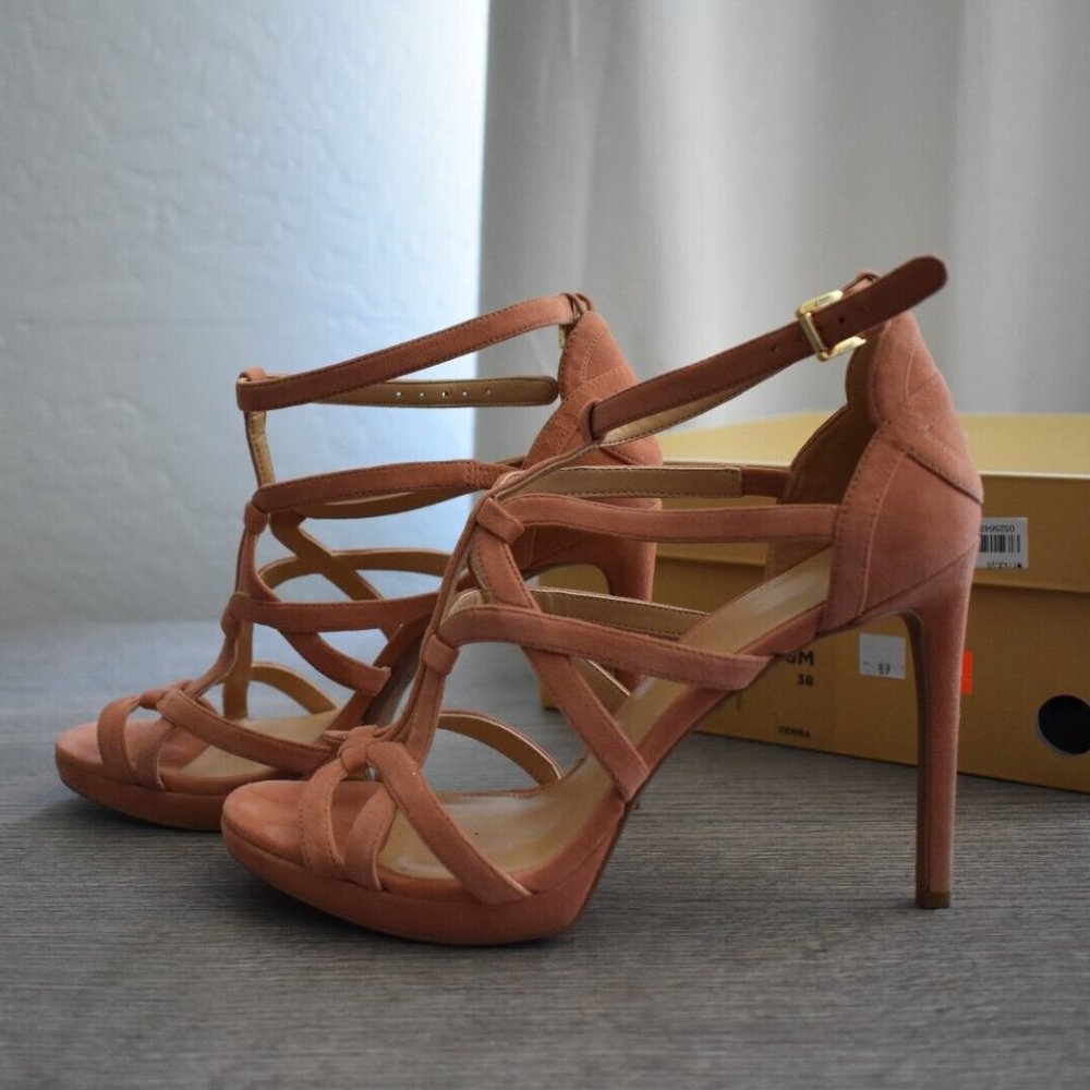 Michael Kors Sandra Suede Caged Platform Dress Sandals Terra Size 8 4 inch Heel